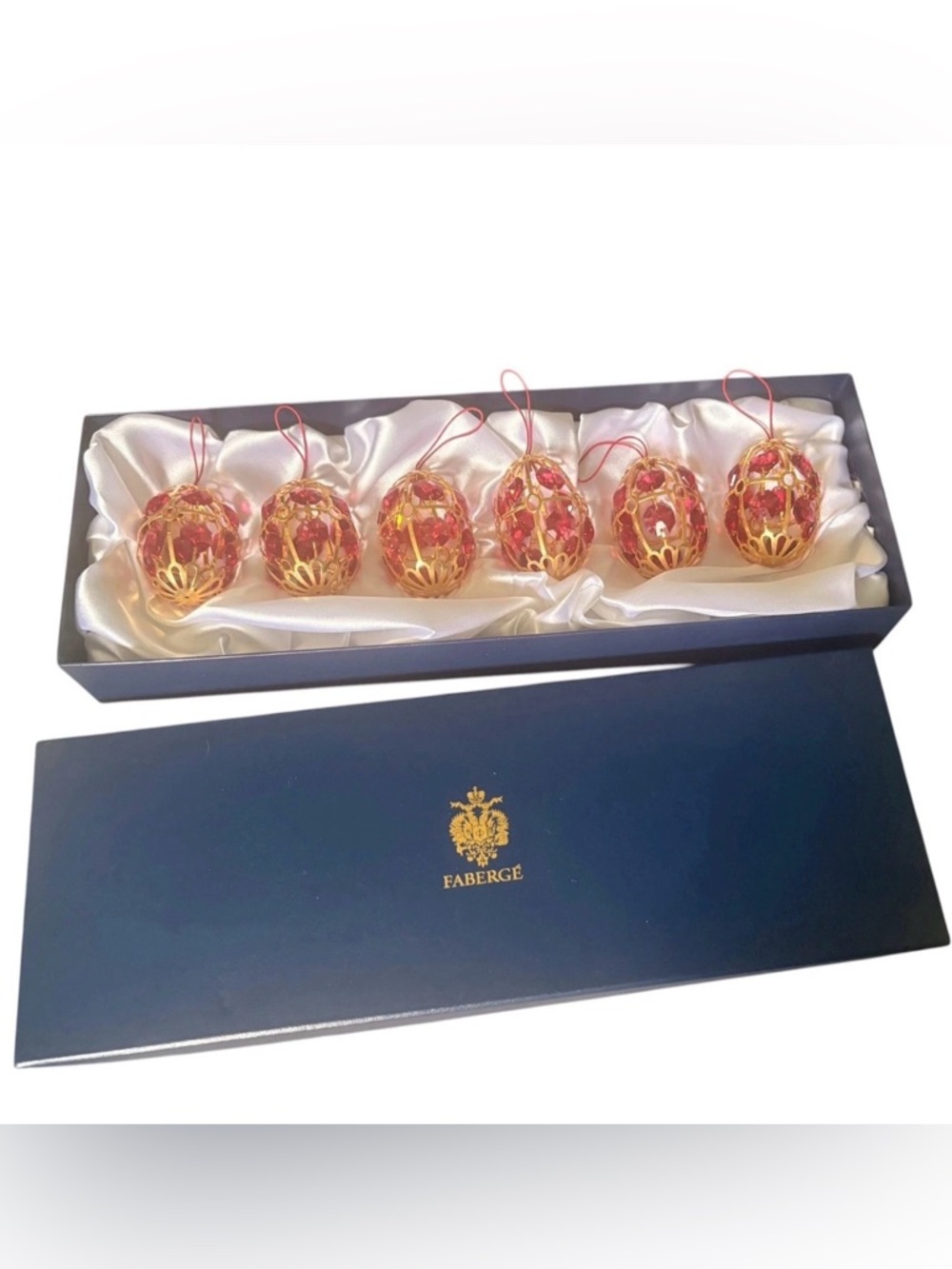 Faberge Crystal Palace Imperial Collection 6 Egg Christmas Ornament Red Gold